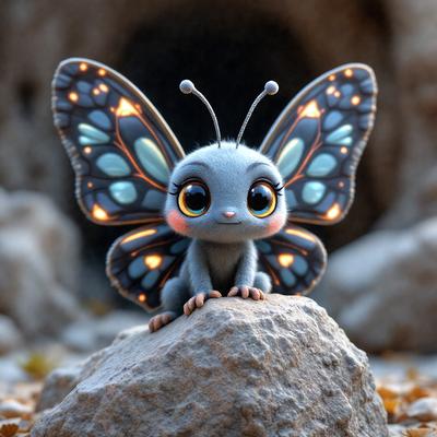 The primary subject of the image is a small, cute, and colorful butterfly. It is sitting on a rock, which serves as the setting for the scene. The visual style of the image is digital art, as it appears to be a digital illustration or drawing. The colors and mood of the image are vibrant and cheerful, with the butterfly's bright colors and the rock's natural texture creating a lively and inviting atmosphere.